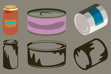 Set of three canned food, in two versions color and black and white.