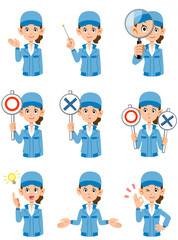 青い作業着の女性の上半身　9種類の表情と仕草
