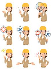 ヘルメットをかぶったベージュ色の作業着の女性の上半身　9種類の表情と仕草
