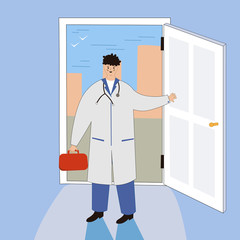 Smiling doctor at the door. Funny character design. Cartoon illustration. Doctors at home Visiting medical services Promo Poster. Banner advertising. Call for professional medical care.