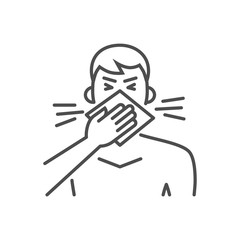 Cough related vector thin line icon. Man coughs in a napkin. Isolated on white background. Editable stroke. Vector illustration.