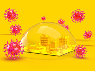 3d illustration render of a city scene in a protective bubble yellow texture, next to a 3d virus model, coronavirus, covid19 