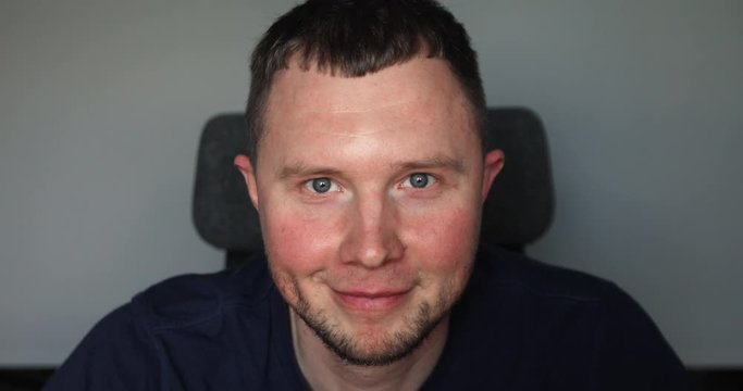 POV WEBCAM VIEW Caucasian male having a video work call with colleagues. Quarantine working, stay home, coronavirus pandemic