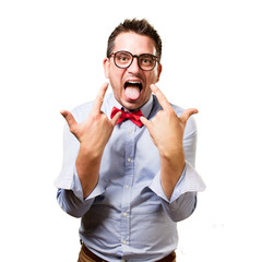 Man wearing a red bow tie. Rocker gesture.