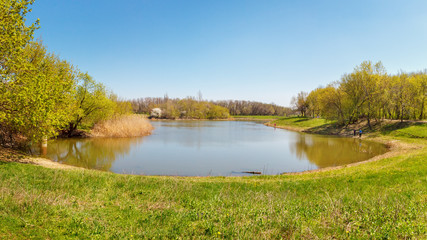 A panoramic view of a sunny pond with a green forest and people on the bank in early springtime