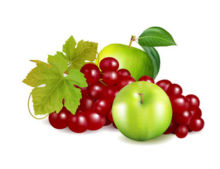 Green apple and red grapes isolated on white background. Package design element. Realistic vector, 3d illustration