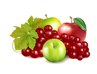 Green and red apple and grapes isolated on white background. Package design element. Realistic vector, 3d illustration