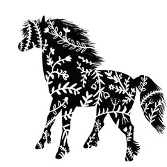 Black silhouette of a horse. Bright digital illustration isolated on white background. Cute illustration for the decor and design of posters, postcards, prints, stickers, invitations, textiles.