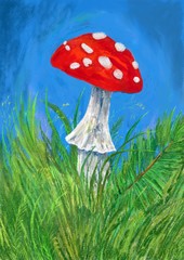 Amanita mushroom. Bright digital illustration. Illustration for the decor and design of posters, postcards, prints, stickers, invitations, textiles and stationery.
