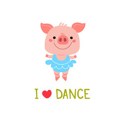 Cute Piggy dancer. Cartoon illustration for cards
