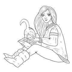 Girl and cat. Coloring. Black and white digital illustration. Cute illustration for the decor and design of posters, postcards, prints, stickers, invitations, textiles and stationery.