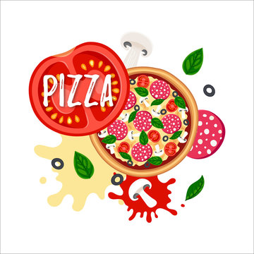 Fresh pizza design concept. Flat Tasty italian food with tomato, cheese, basil, sausage, mushroom top view. Vector illustration for web, advert, menu, app, cafe, restaurant, recipe