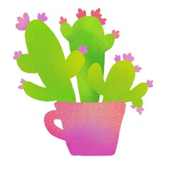 Cactus in a pot. Bright digital illustration isolated on white background. Illustration for the decor and design of posters, postcards, prints, stickers, invitations, textiles and stationery.