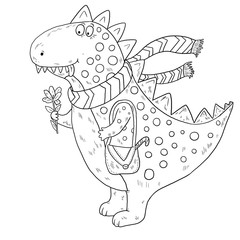 Dinosaur in a scarf and with a flower. Coloring. Black and white digital illustration. Cute illustration for the decor and design of posters, postcards, prints, stickers, invitations, textiles.