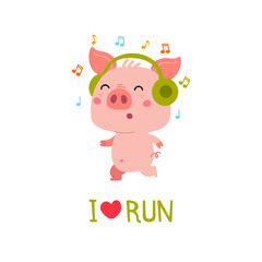 Cute pink Piggy sportsman love to run. Cartoon illustration for cards