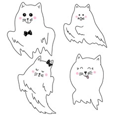 Set of ghost cats. Bright digital illustration for halloween. Cute illustration for the decor and design of posters, postcards, prints, stickers, invitations, textiles and stationery.