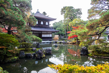 Scenery Ginkakuji temple or the Silver Pavilion in Autumn foliage season, landmark and famous for tourist attractions in Kyoto, Kansai, Japan