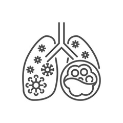 Pneumonia related vector thin line icon. Lungs with alveoli and coronavirus. Isolated on white background. Editable stroke. Vector illustration.