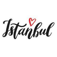 Istanbul hand-drawn calligraphy with a heart symbol. Creative vector lettering isolated on white background. Modern typography design for logo, poster, card, web, print.