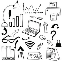 Business set, work set, working home. Hand drawn elements. Vector illustration. 