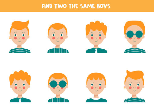 Find two identical boys. Educational worksheet for kids.
