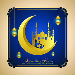 Ramadan kareem greeting Vector Illustration, with traditional lantern Light Lamps and dark night blue Background