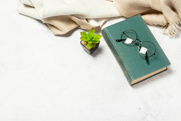 Glasses with round glasses lie on the Book, a woolen scarf and a room flower on a white light background. Leisure concept, reading a book