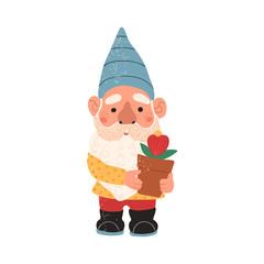 Vector colorful illustration of garden gnome isolated on white background. Cute fairytale character