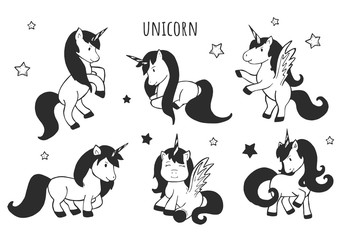 cute ponies vector. Unicorns vector doodles. Sketch. freehand drawing