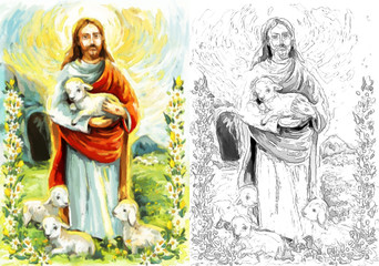 Fototapeta premium calm jesus messiah and resurrection with sketch - illustration
