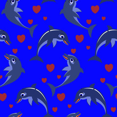 seamless pattern.on love pair of dolphins on a blue background with hearts.Vector seamless illustration