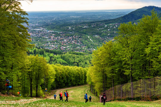 View of Beskid Slaski mountain range from the nearby slopes in Wisla and Ustron - popular tourist destination towns. Beskid Slaski is part of Carpathian mountains