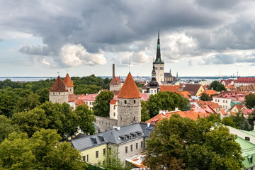 Fototapeta na wymiar Summer panoramic view of Saint Nicholas Church tower and Toompea hill. Old town of Tallinn with red rooftops, Estonia