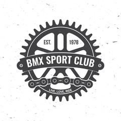 Bmx extreme sport club badge. Vector. Concept for shirt, logo, print, stamp, tee with sprocket, chain. Vintage typography design with bmx sprocket and chain silhouette. - obrazy, fototapety, plakaty