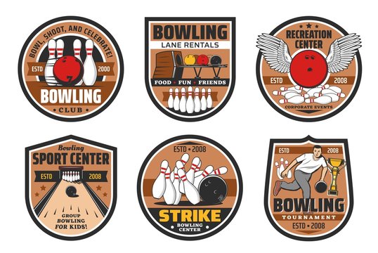 Bowling Alley, Skittle Ground Center Vector Icons. Ninepin Bowling Strike Game Tournament, Sport Recreation Tournament And Family Entertainment Center Lane Rentals, Pins And Ball With Wings