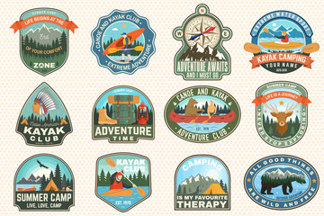 Set of summer camp, canoe and kayak club badges. Vector. Concept for patch. Retro design with camping, mountain, river, american indian and kayaker silhouette. Extreme water sport kayak patches