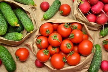 Obraz na płótnie Canvas Fresh vegetables from farmers market. Cucumbers, tomatoes, radish. Pickle cucumbers. Organic vegetables. Salad ingredients.