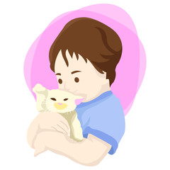 A teenager is playing with his pet in the house