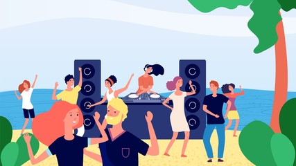 Beach party. summer dj set, modern relax disco music. Young teenagers vacation, joyful girls and boys dancing. Vector people resting background. Summer beach disco, exotic entertainment illustration