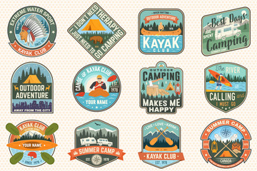 Naklejka premium Set of summer camp, canoe and kayak club badges. Vector. Concept for patch. Retro design with camping, mountain, river, american indian and kayaker silhouette. Extreme water sport kayak patches
