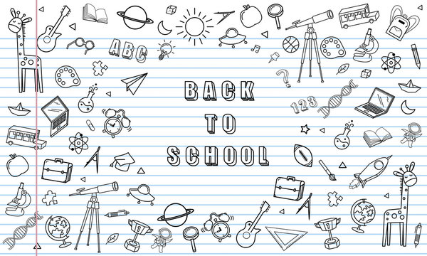 Concept of education School background with different stuff from notepad paper and back to school design vector.