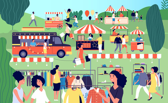 Summer Fair. Festive Food, Street Season Flea Market. Garage Sale In Park. Family Festival Event, Marketplace And Tents Vector Illustration. Festival Street And Flea Market, Outdoor Shop