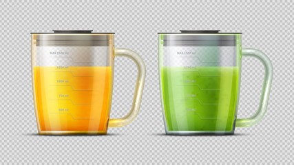 Realistic measuring glasses with juice. Green and orange freshes. Fruit vegetables drinks, summer vegan beverages. Juices diet vector illustration. Juice measure kitchenware, container measurement