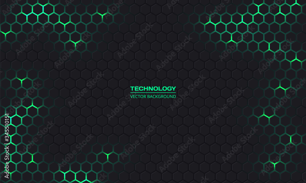 Leinwandbilder dark technology hexagonal vector background. abstract blue bright energy flashes under hexagon in da