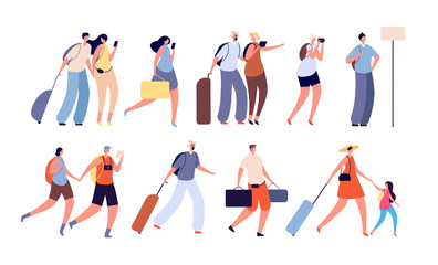 Travel people. Travellers characters, person with camera. Isolated adult and young tourist with suitcases. Man woman vacation vector set. Traveler bag and trip woman illustration - obrazy, fototapety, plakaty