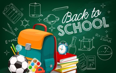 Back to School poster with sketch chalk lettering and drawing on green blackboard. Vector student supplies sport ball, books, pencil and pen, student bag. School time educational items in classroom