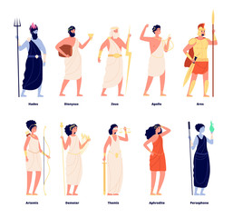 Greek gods. Mythology goddess collection. Cartoon olympians, zeus aphrodite dionysus. Isolated tale stylish characters vector illustration. Greek goddess collection, ancient mythology