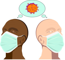 Two men wearing medical face masks while thinking about the current Coronavirus pandemic in a shared thought bubble overhead 