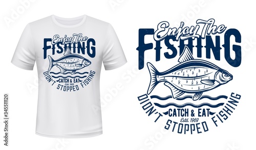 Download Crucian Fish T Shirt Print Mockup Template Fishing Sport Vector Design Sport Club Of Big Crucian Fish Blue Sea Wave And Enjoy Fishing Quote For White Apparel Custom Design Wall Mural Vector Tradition
