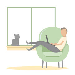 Fototapeta premium Man relaxing in armchair with laptop. Vector illustration.